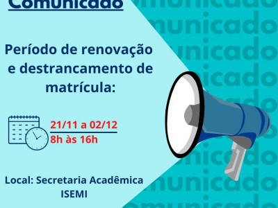 Foto 1 de 1 - PERÍODO DE RENOVAÇÃO E DESTRANCAMENTO DE MATRÍCULA!