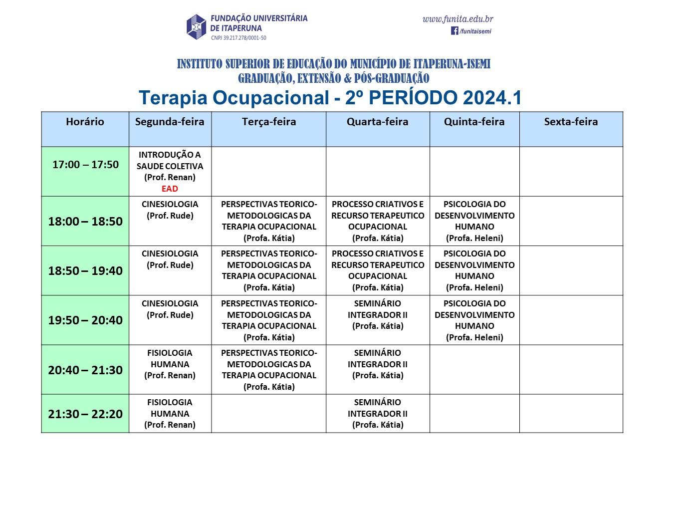 Horários e calendário 2024.1